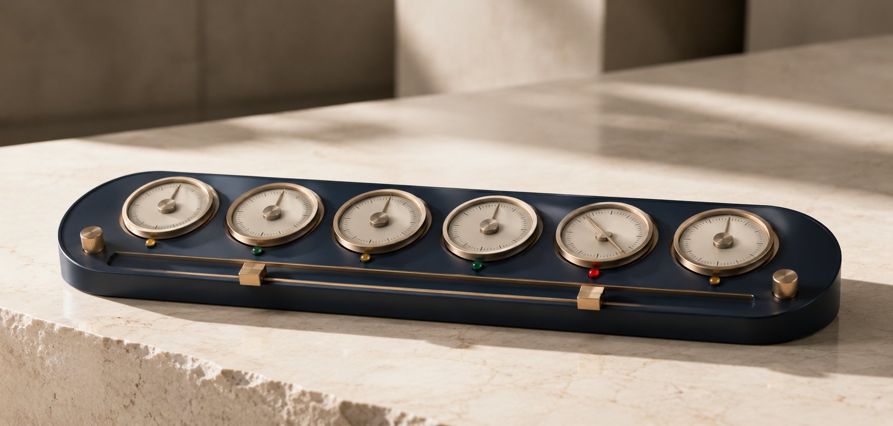 Six domain dials on a single navy instrument, each carrying its own coloured judgement marker